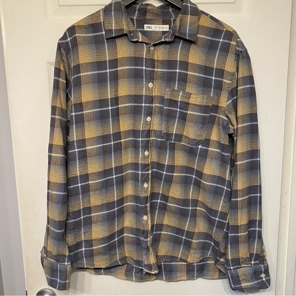 Zara Casual plaid Blue and Tan Checkered long sleeve button down Shirt - Picture 3 of 10